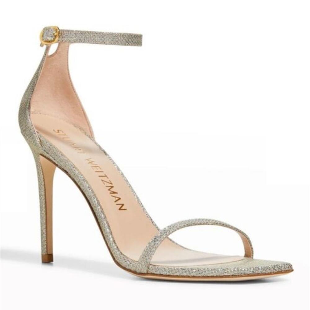 Stuart Weitzman Women's Silver Nudistcurve Shimmery Ankle Strap Sandals Size 11